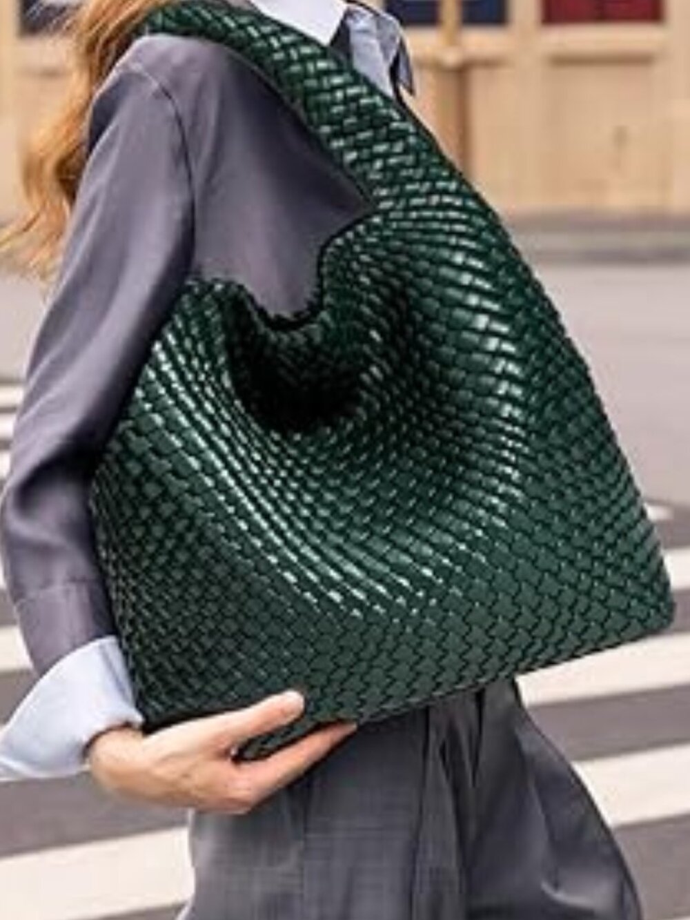 Neiman Marcus Vegan Leather Dark Green Woven Tote Bag
